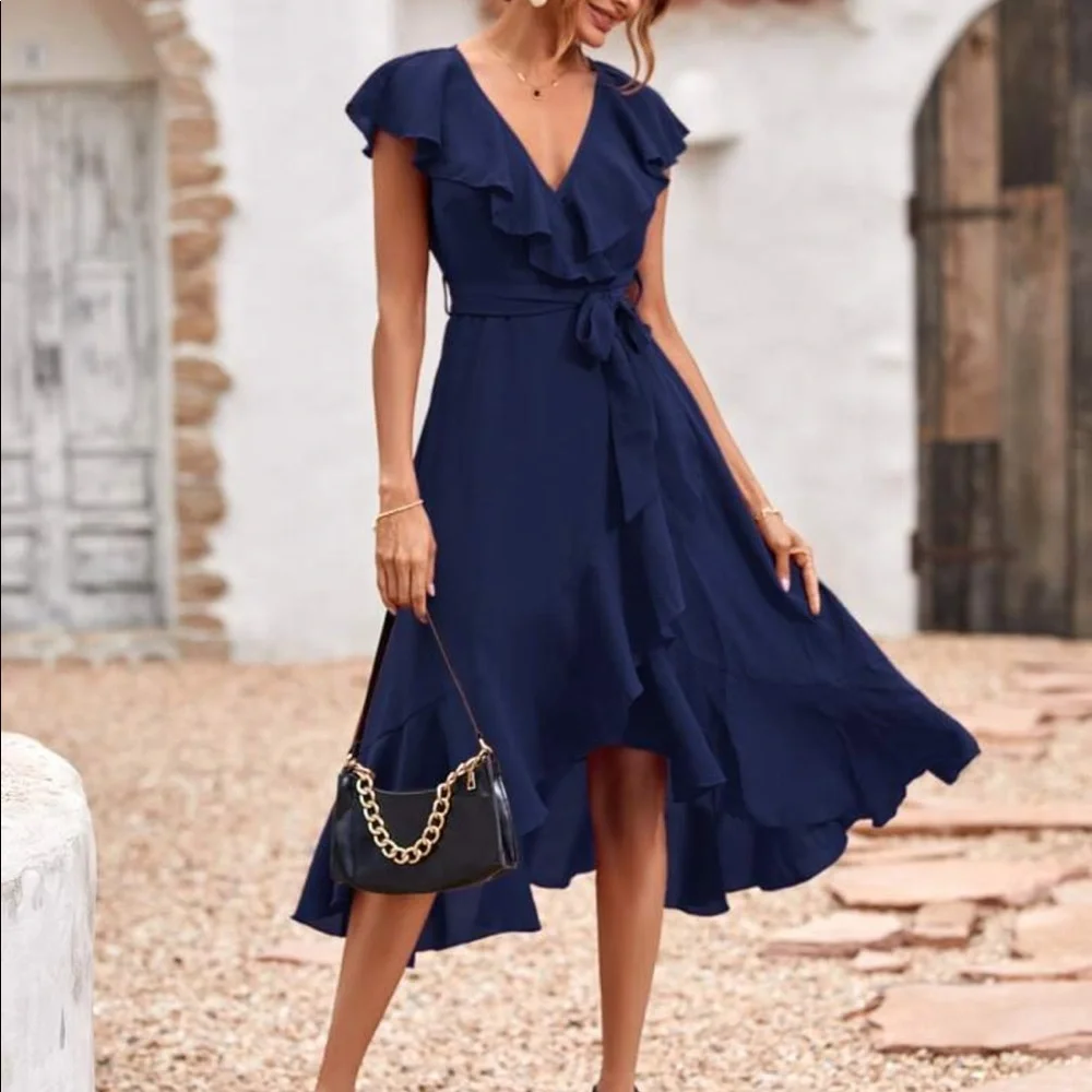 Solid Ruffle Hem Trim Belted Faux Wrap Dress New - Picture 2 of 10
